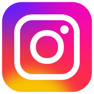 An image of the instagram logo in a square shape. The logo has a rainbow or Ombre background in the colours yellow, purple, pink and red. In the middle of the square is a simplified white line image of an old camera front-on. 