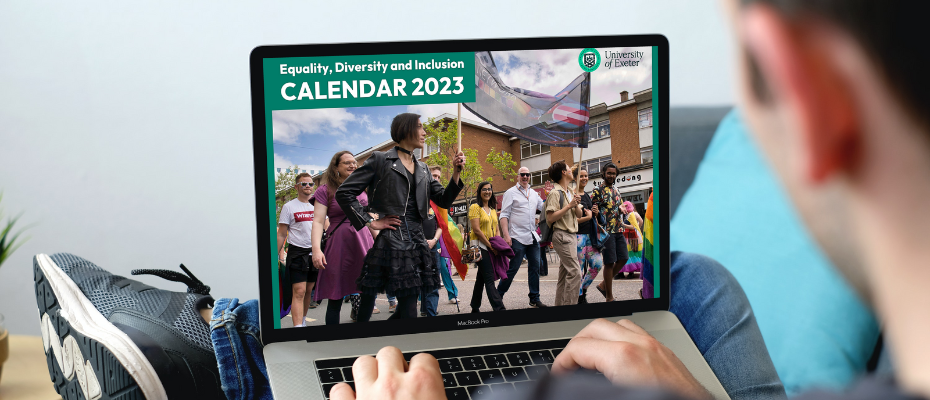 Student looking at the EDI Calendar 2023 on their laptop on their lap